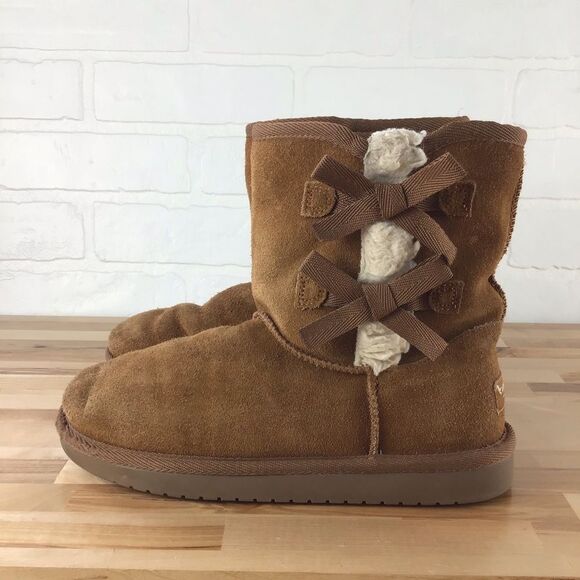 𝅺UGG tan suede leather Koolaburra black flat boots sherpa size 4 - Picture 1 of 16